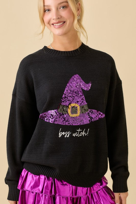 Sequin Halloween Witch Hat Sweater