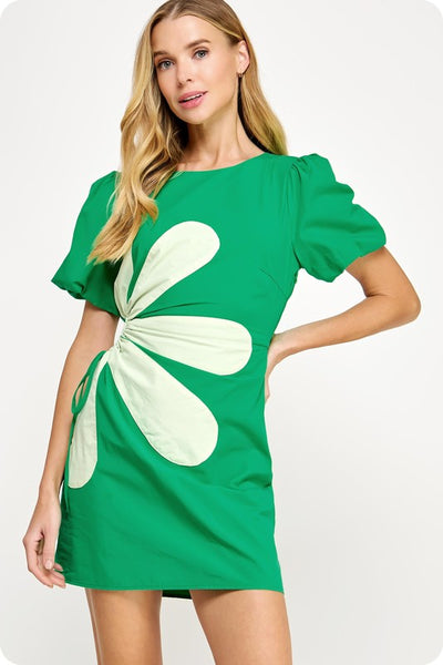 Side Cut-Out Flower Mini Dress- Green