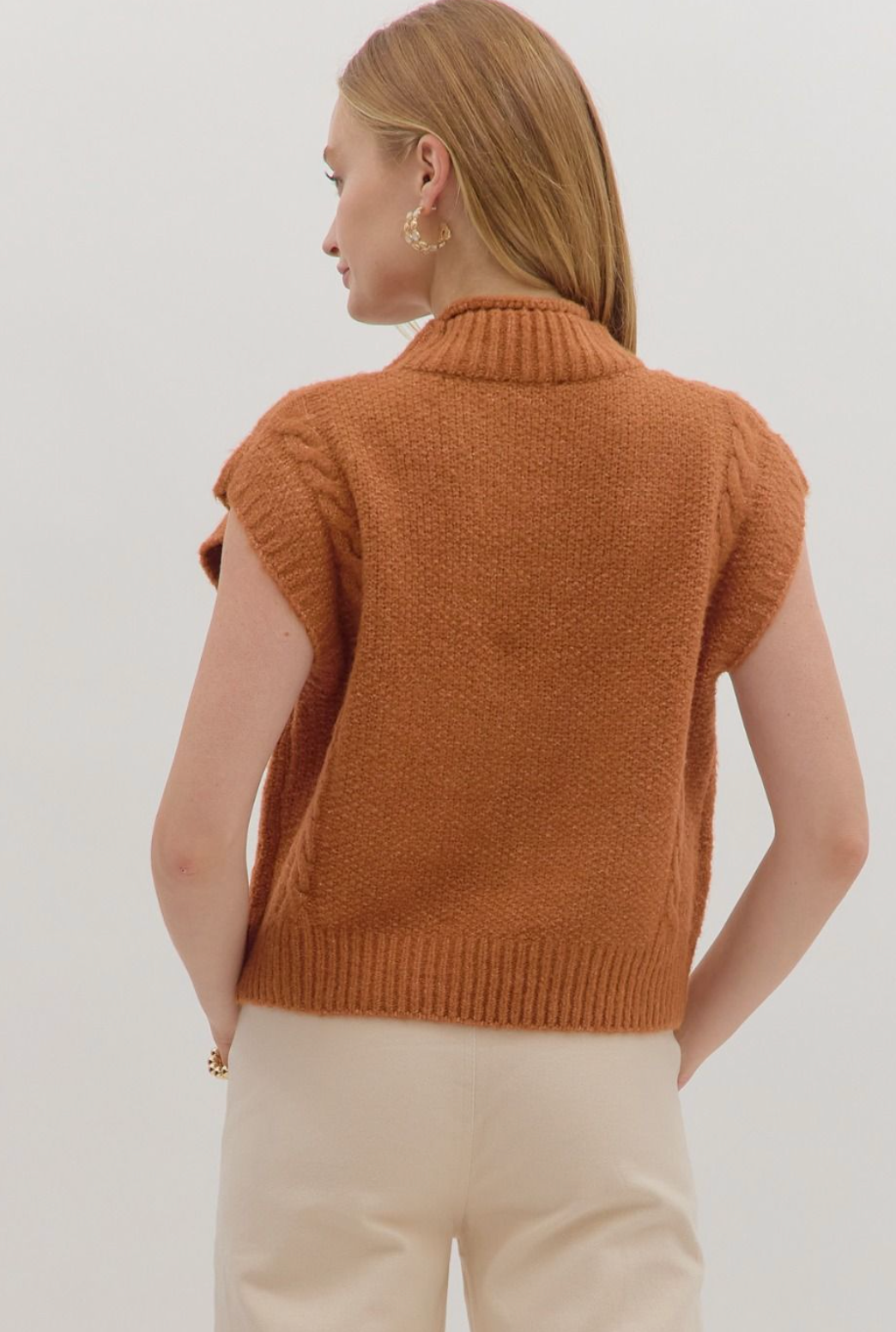 Mock Neck Cable Knit Sleeveless Sweater