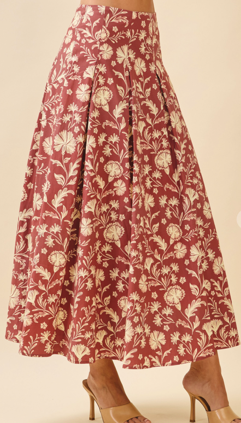 Floral Print Pleated Detail Midi Skirt Set-Brick