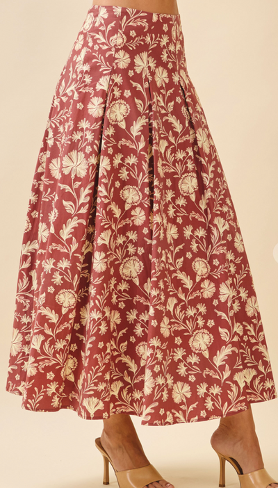 Floral Print Pleated Detail Midi Skirt Set-Brick