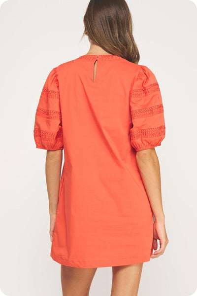 Orange Reverse Pintuck Puff Sleeve Mini Dress