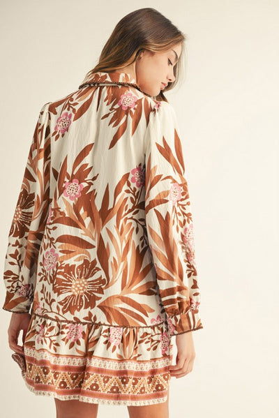 Toffee Lace Trim Floral Dress