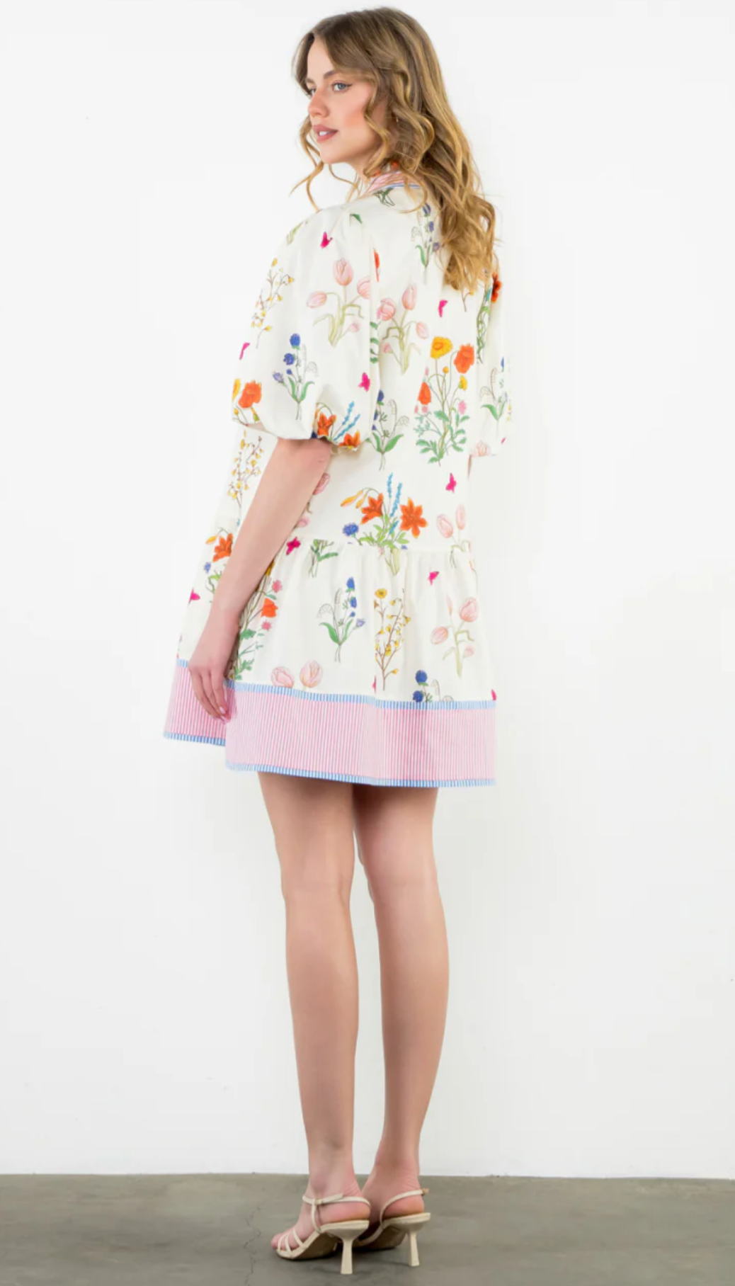 Puff Sleeve Floral Dress with Striped Detail