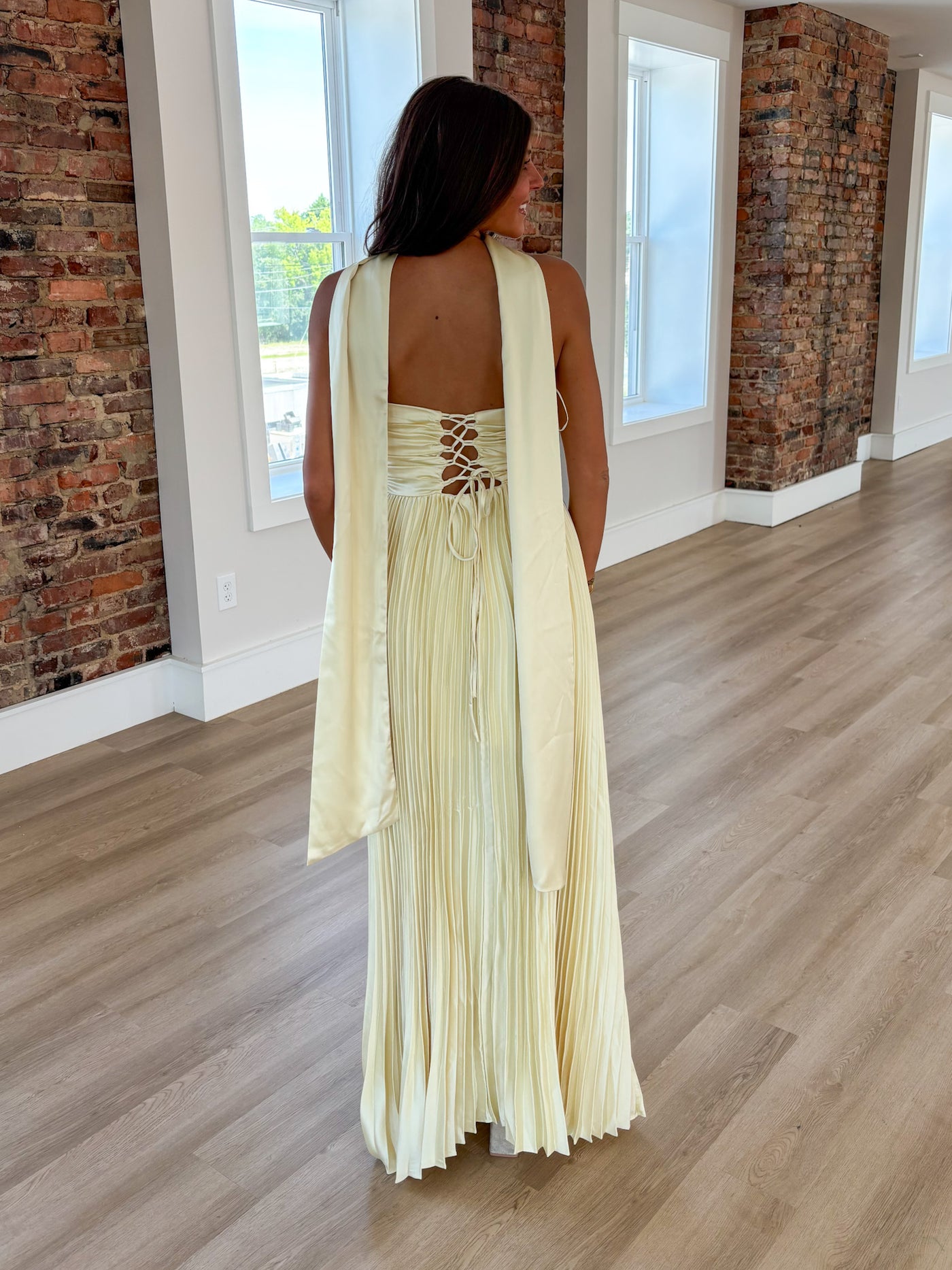 Butter Yellow Scarf Detail Pleated Satin Maxi Dress