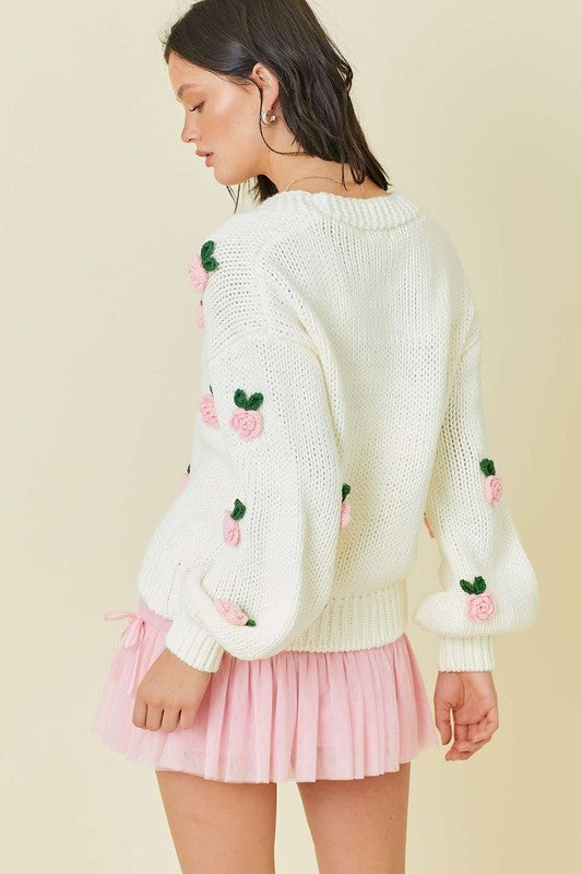 Flower Applique Cardigan Sweater