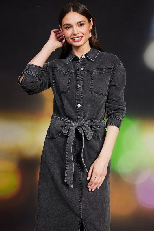 Long Sleeve Black Denim Midi Dress – The Kindred Boutique