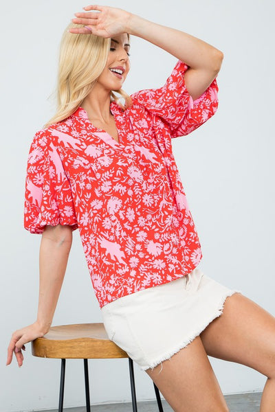 Puff Sleeve Flower Print Top