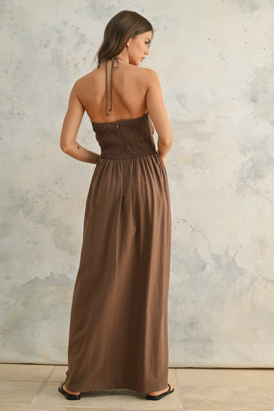 Brown Knotted Halter Neck Maxi Dress