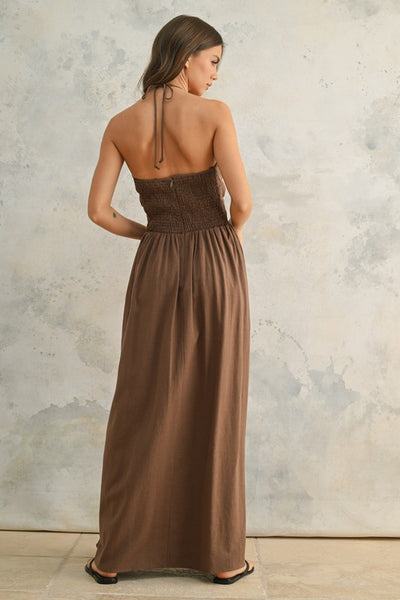 Brown Knotted Halter Neck Maxi Dress