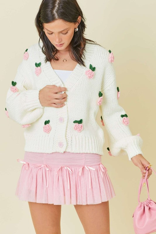 Flower Applique Cardigan Sweater