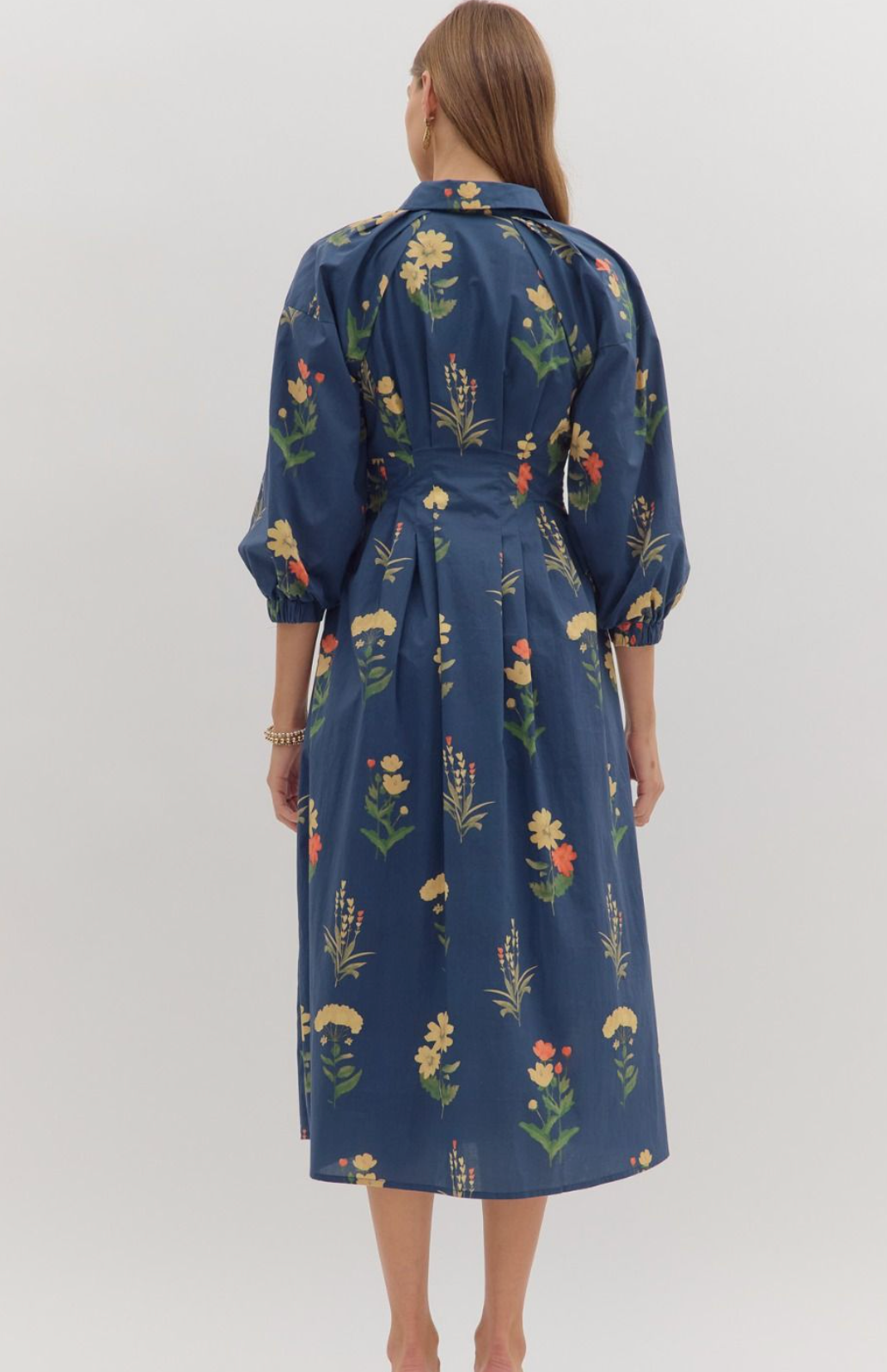 Indigo Floral Print Pleated Waist Midi Dress