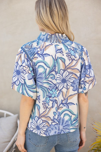 Navy Smocked Neck Lace Detailed Printed Top