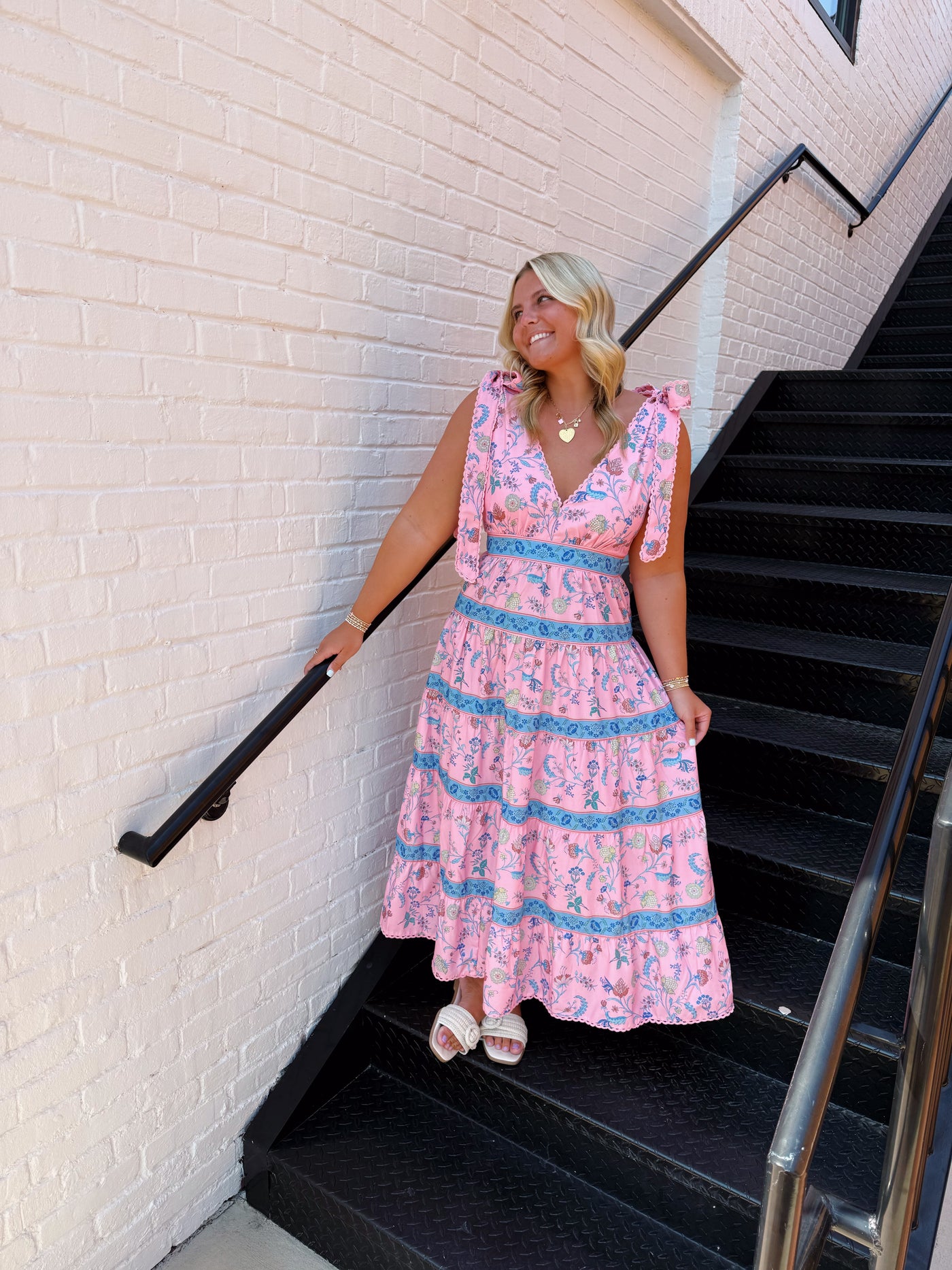Pink Floral Print Shoulder Tie Midi Dress