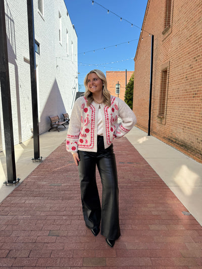 Embroidered Sweater Cardigan- Taupe/Red