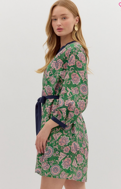 Paisley Pattern Button Front Dress-Green