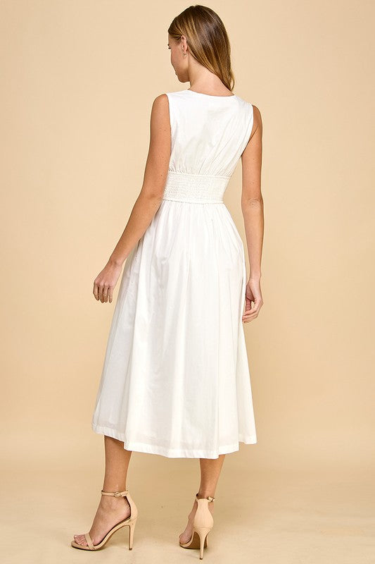 White Fitted Waist Midi Dress