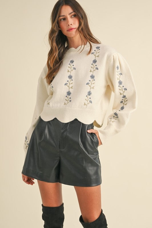 Floral Embroidered Scalloped Sweater