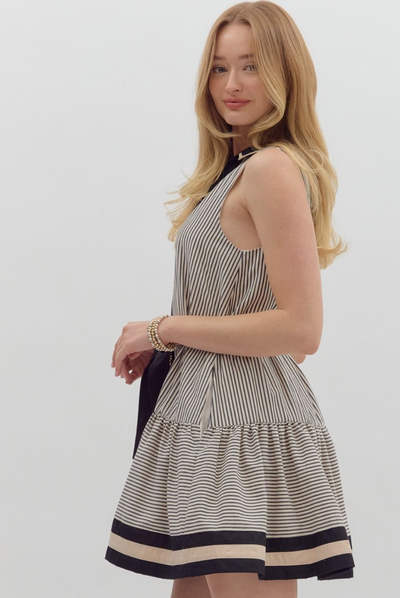 Black and Tan Striped Sleeveless Mini Dress