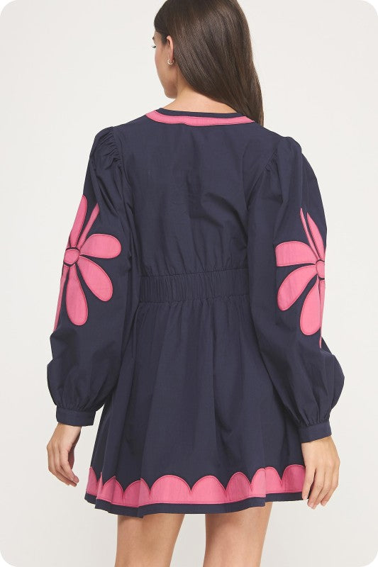 Navy and Rose Flower Patch Long Sleeve Mini Dress