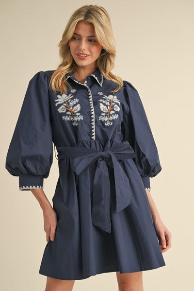Navy Embroidery Belted Dress