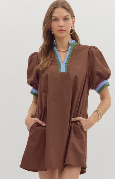 Chocolate Brown Contrast Trim Mini Dress