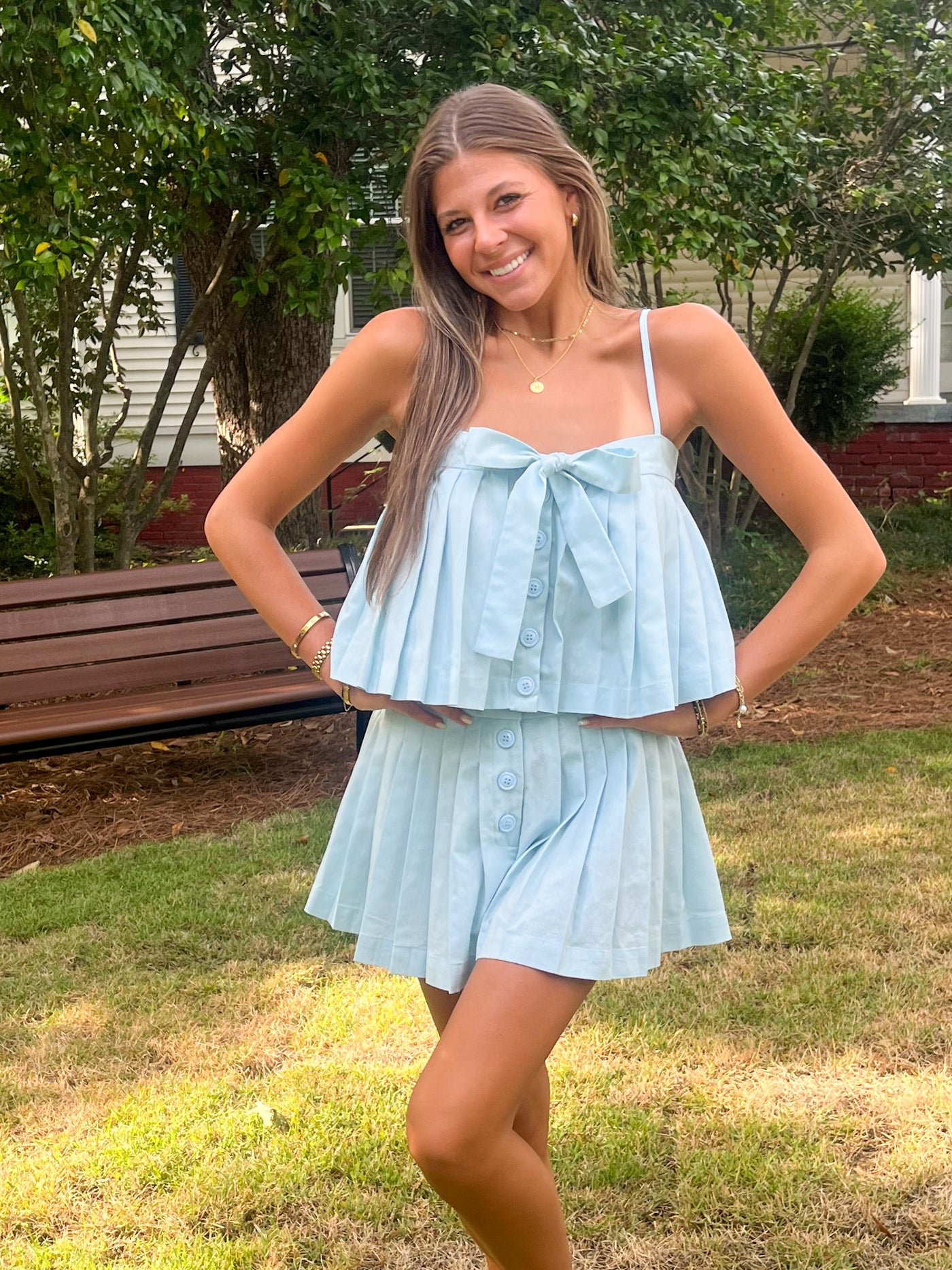 Pleated Button Front Set-Powder Blue