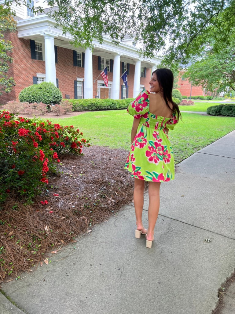 Bold Flower Print Mini Dress- Lime