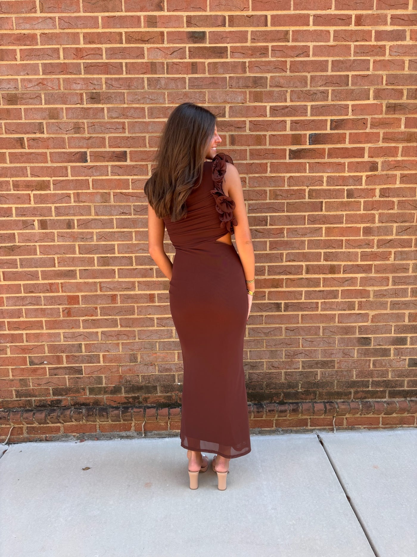 Brown One Shoulder Mesh Cutout Maxi Dress