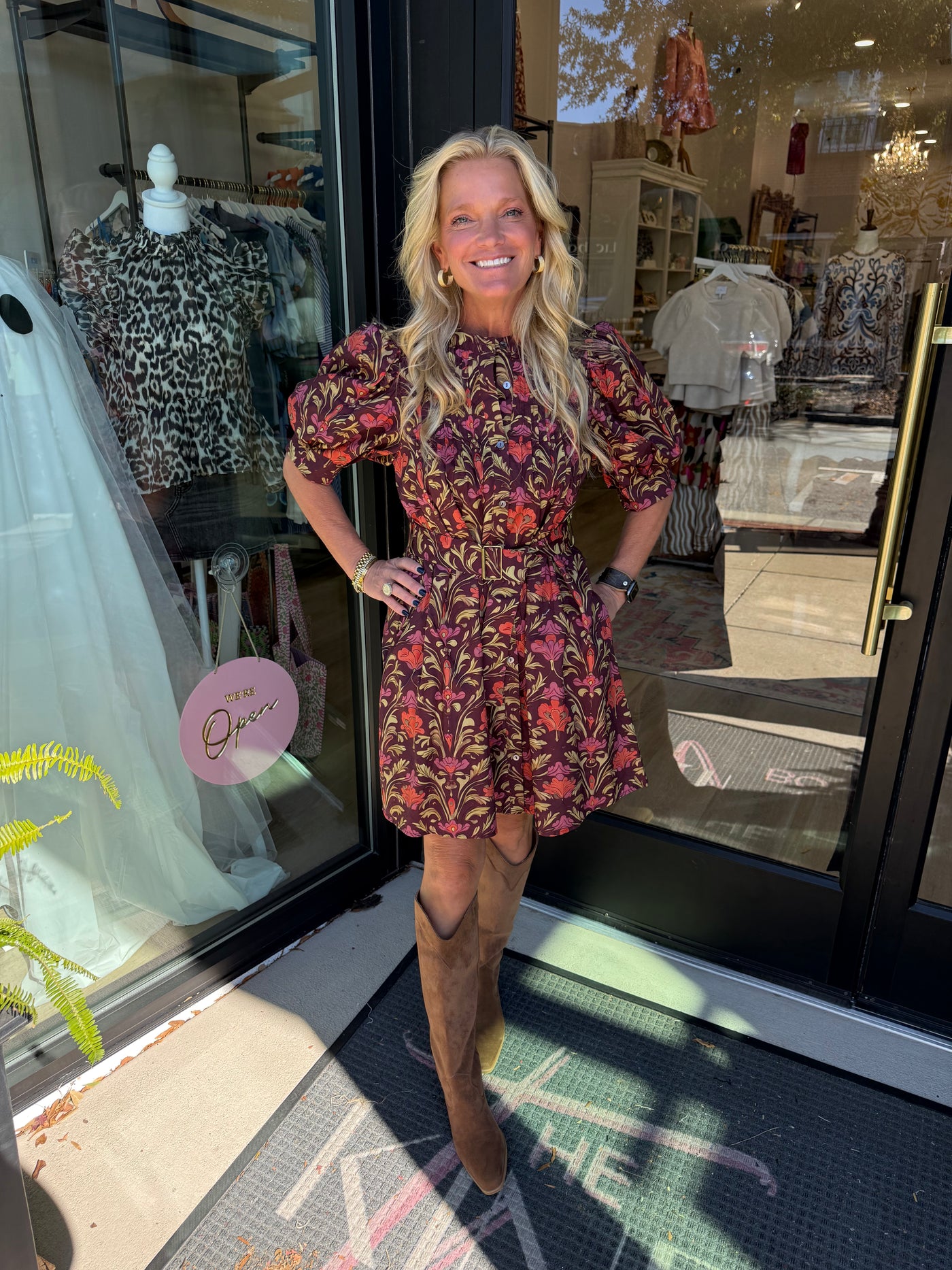 Burgundy Floral Belted Mini Dress