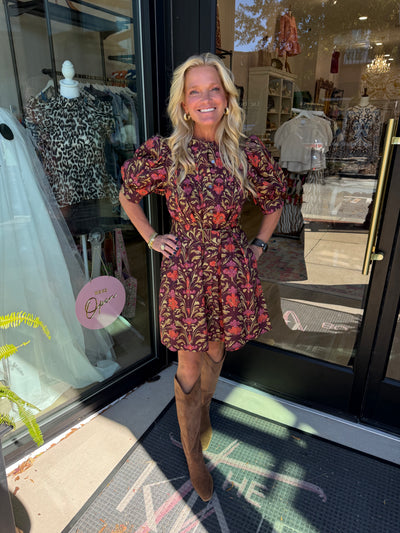 Burgundy Floral Belted Mini Dress