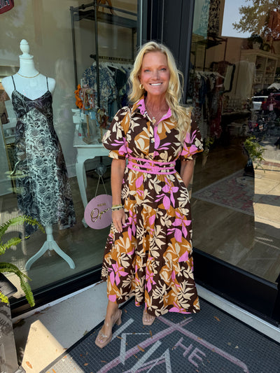Botanical Print Cuffed Sleeve Dress