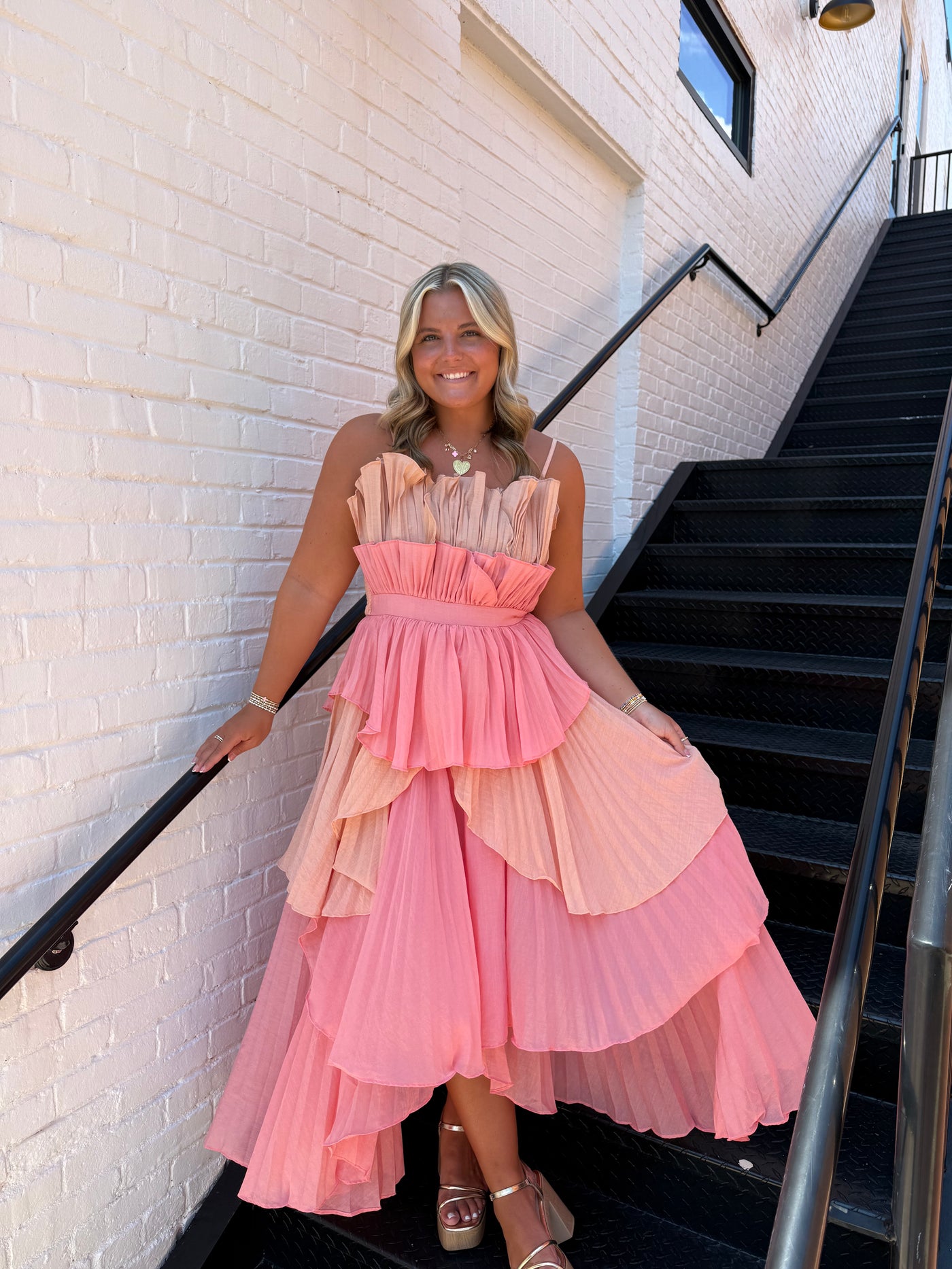 Pleated Layered Ruffle Maxi Dress- Coral Multi The Kindred Boutique Pleated Layered Ruffle Maxi Dress- Coral Multi The Kindred Boutique