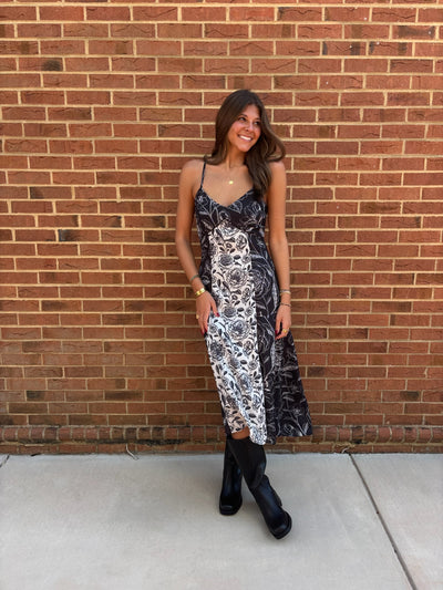 Black Contrast Floral Panel Midi Dress