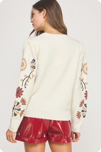 Cream Floral Embroidered Sweater
