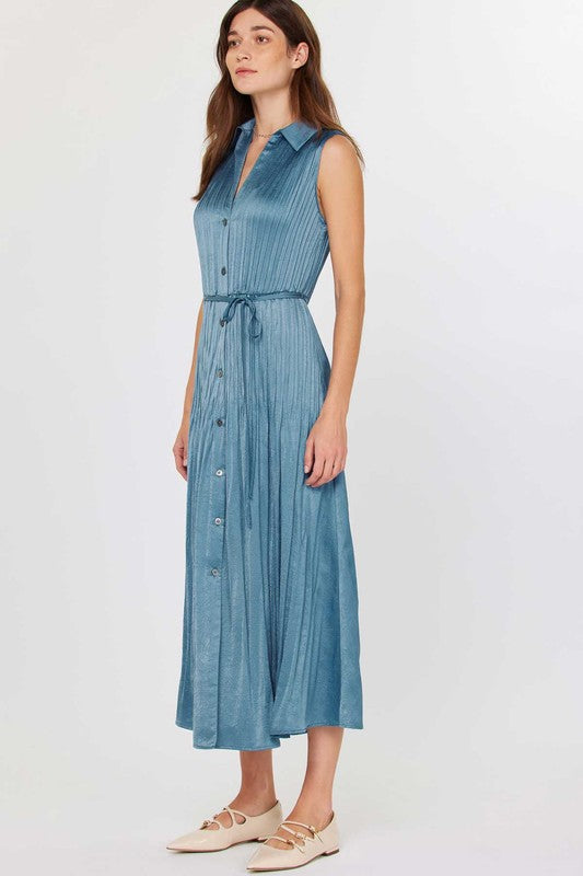 Dusty Blue Sleeveless Button Down Pleated Dress