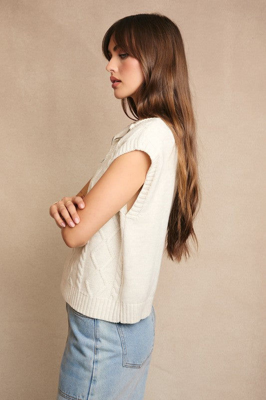 Cream Half Zip Sleeveless Cable Sweater Top