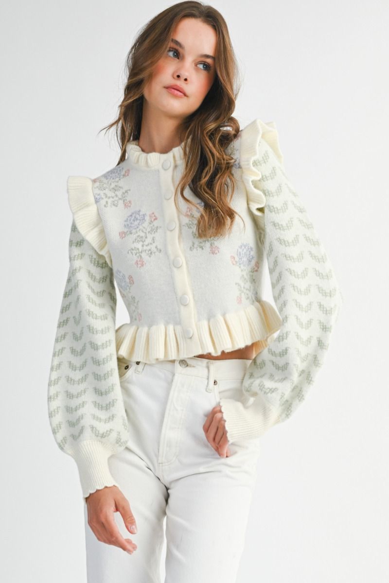 Ruffle Shoulder Floral Knit Cardigan Jacket