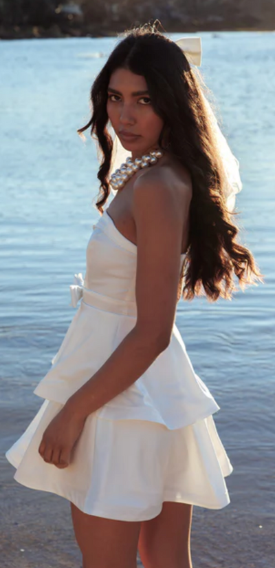 White Strapless Bow Tiered Mini Dress