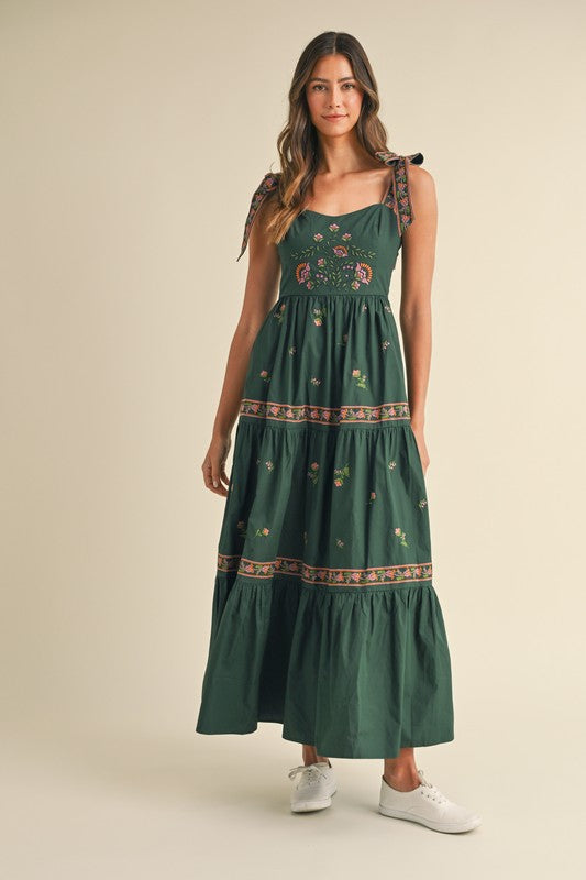 Hunter Green Embroidered Tiered Maxi Dress