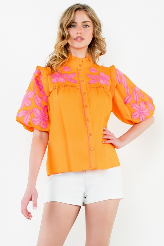 Orange Embroidered Puff Sleeve Poplin Top