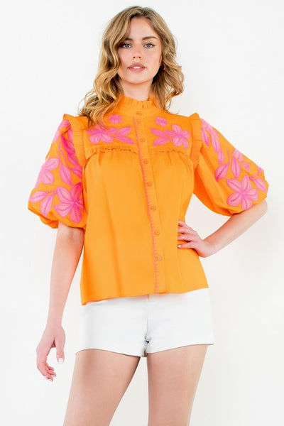 Orange Embroidered Puff Sleeve Poplin Top