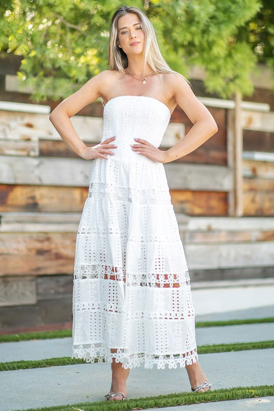 Eyelet Embroidered Lace Tube Dress- White