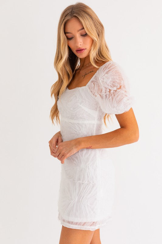 White Puff Sleeve Fitted Mesh Dress