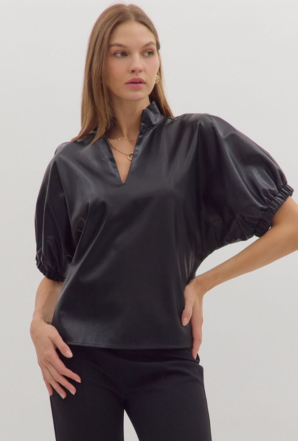 Faux Leather Puff Sleeve Top