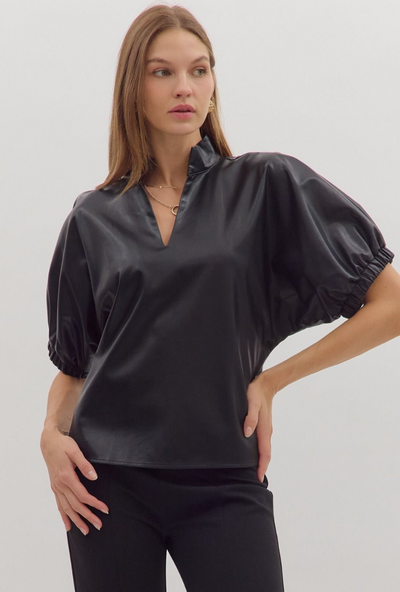 Faux Leather Puff Sleeve Top