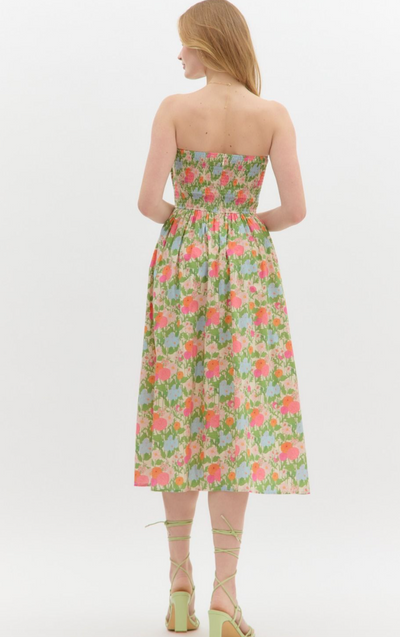Marigold Floral Strapless Midi Dress