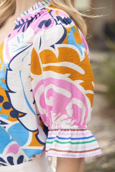 Floral And Stripe Mixed Puff Sleeve Top