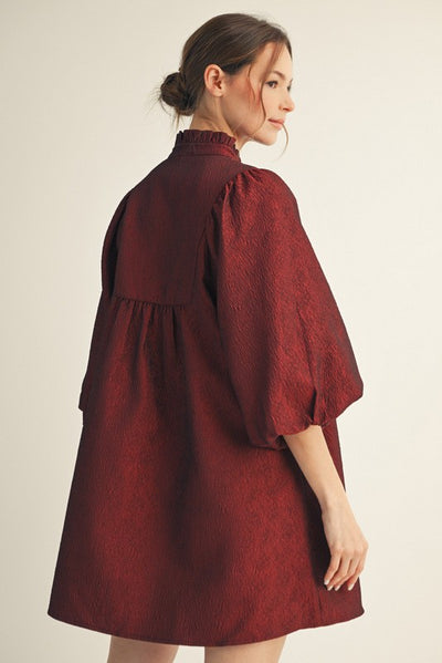 Burgundy Textured Balloon Sleeve Dress