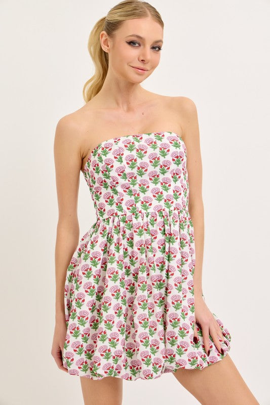 Strapless Floral Bubble Hem Mini Dress